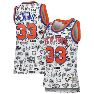 Ottimo Attraente Patrick Ewing New York Knicks Women's 1991 Doodle Swingman Jersey White