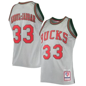 Gorgeous Kareem Abdul Jabbar Milwaukee Bucks 75th Anniversary 1971/72 Hardwood Classics Swingman Jersey Silver