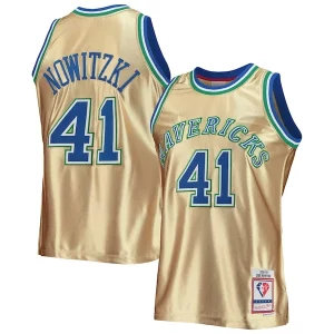 Gorgeous Pratico Dirk Nowitzki Dallas Mavericks 75th Anniversary 1998/99 Hardwood Classics Swingman Jersey Gold